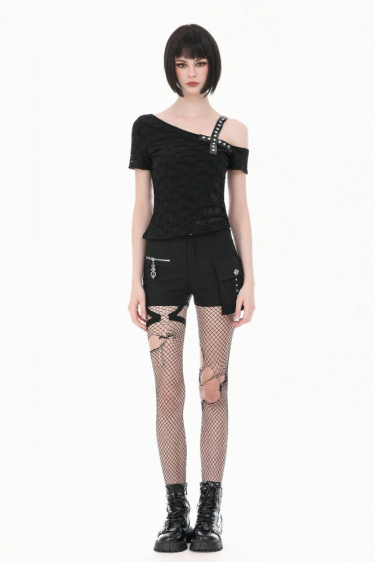 Black Off Shoulder Short Sleeves Studded Cross Straps Asymmetric Women's Punk Top - Product - 6