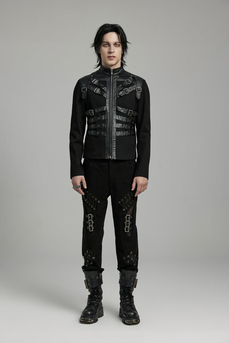 Black Round Collar Multi-Buckles Straps Faux Leather Men's Punk Jacket - Black - 1