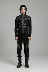 Black Round Collar Multi-Buckles Straps Faux Leather Men's Punk Jacket - Black - 1