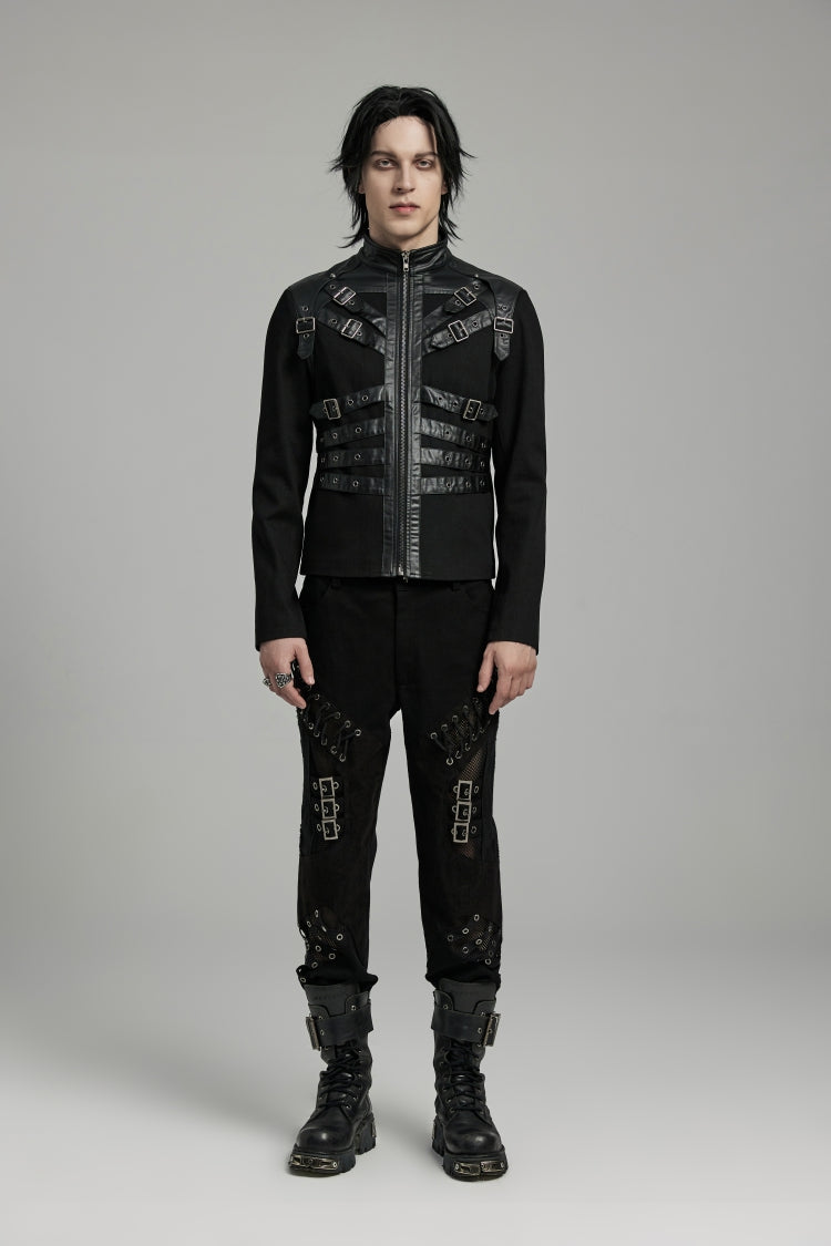 Black Round Collar Multi-Buckles Straps Faux Leather Men's Punk Jacket - Black - 1