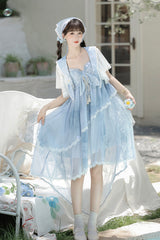 Blue [Clouds Resting in the Wilderness] Print Ruffle Embroidery Bowknot Lace Irregular Lolita Jsk Dress - Product - 8