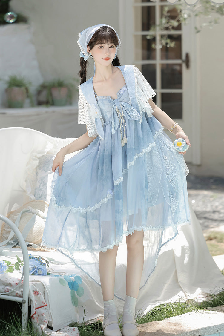 Blue [Clouds Resting in the Wilderness] Print Ruffle Embroidery Bowknot Lace Irregular Lolita Jsk Dress - Product - 8