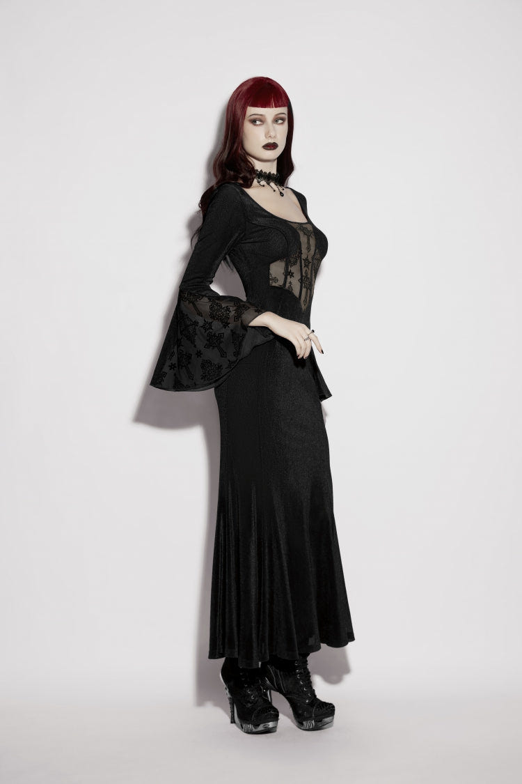 Black Round Collar Long Trumpet Sleeves Spliced Lace Lace-Up Slim Mesh Eyelet Women's Gothic Gorgeous Dress Graduation Dress - Product - 7