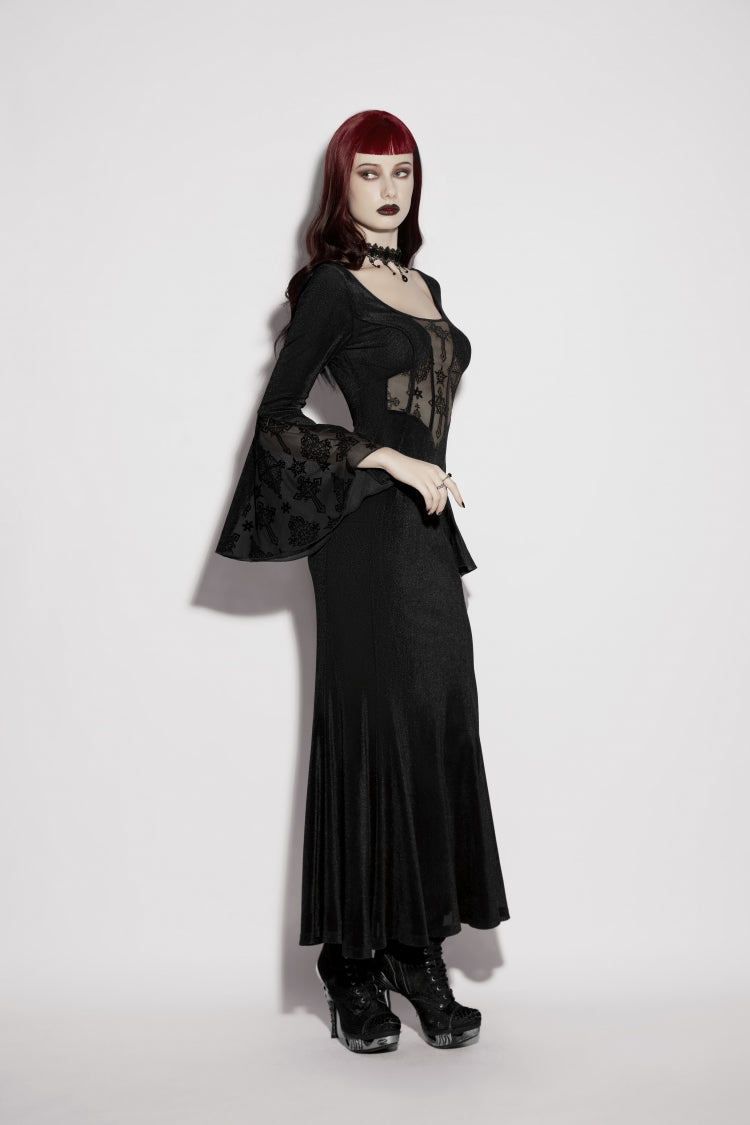 Black Round Collar Long Trumpet Sleeves Spliced Lace Lace-Up Slim Mesh Eyelet Women's Gothic Gorgeous Dress Graduation Dress - Product - 7