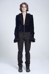 Blue V Collar Long Sleeves Ruffle Stitching Lace Men's Gothic Blouse - Product - 5