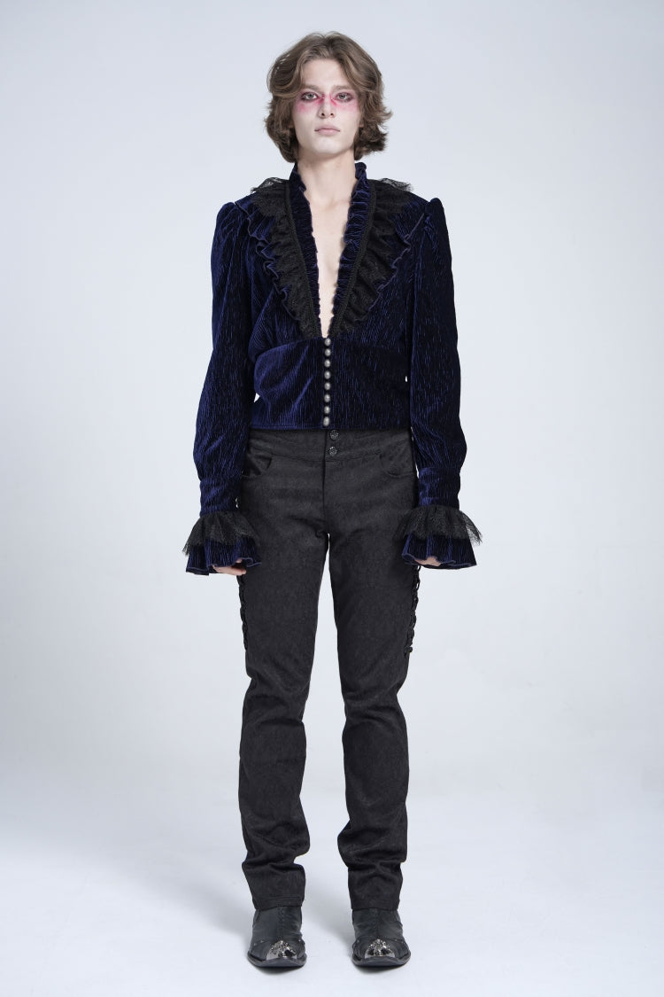 Blue V Collar Long Sleeves Ruffle Stitching Lace Men's Gothic Blouse - Product - 5