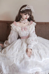 Ivory Long Sleeves Rose Print Bowknot Sweet Princess Lolita Dress - Product - 6
