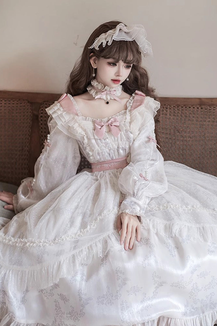 Ivory Long Sleeves Rose Print Bowknot Sweet Princess Lolita Dress - Product - 6