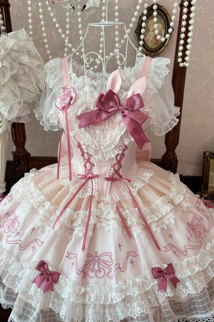 Pink [Sweetheart Bunny] Square Collar Flutter Sleeves Multi-Layered Jacquard Ruffled Embroidered Bow Lace Sweet Lolita Jsk Dress - Product - 5
