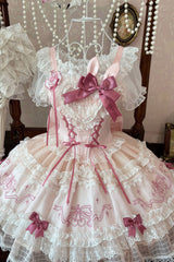 Pink [Sweetheart Bunny] Square Collar Flutter Sleeves Multi-Layered Jacquard Ruffled Embroidered Bow Lace Sweet Lolita Jsk Dress - Product - 5