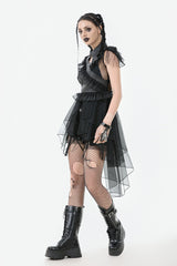 Black V Collar Sleeveless Multi-Layered Ruffled Sheer Mesh Women's Punk Dress - Product - 10