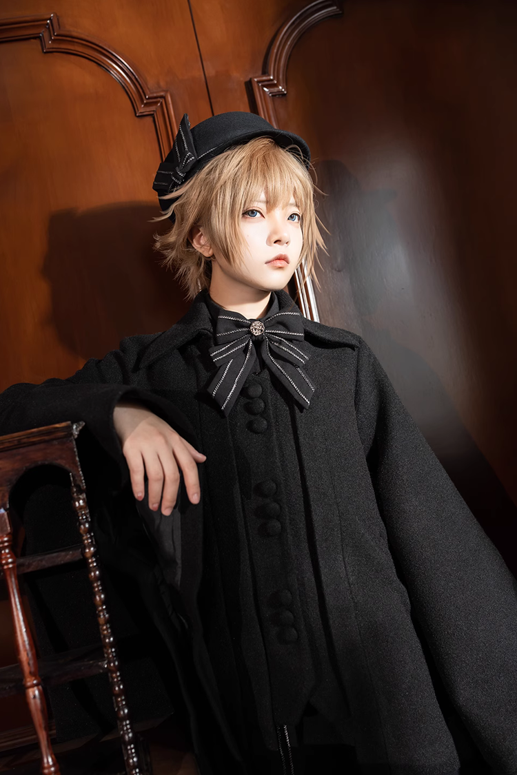 Black Retro Loose Large Sleeve Ouji Lolita Woolen Coat - Product - 6