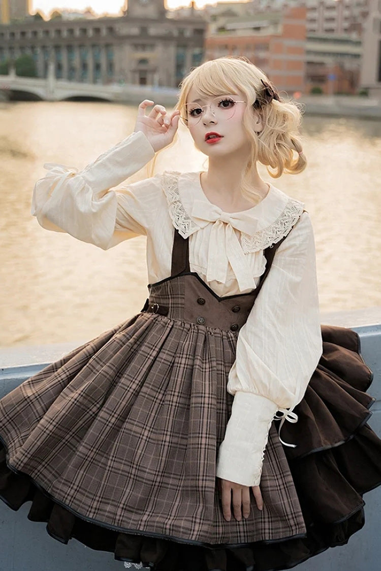 Brown Sherlock Detective Ruffle Color Matching Gothic Lolita Strap Skirt - Product - 3