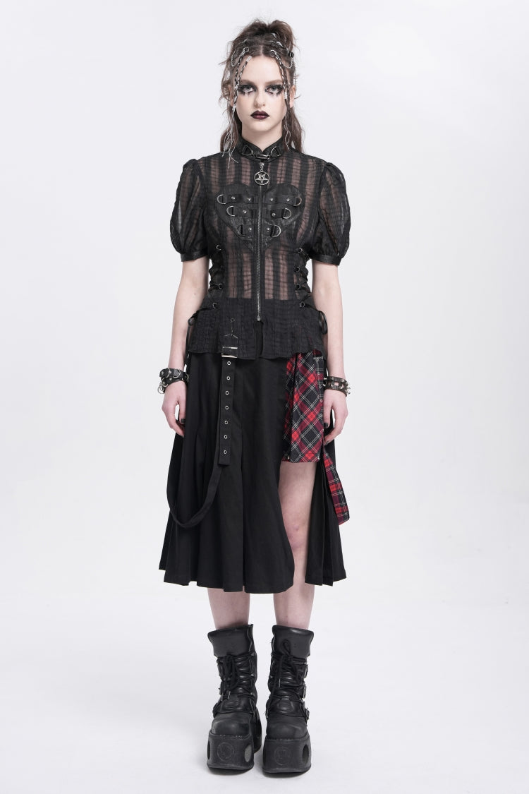 Black Stand Collar Short Puff Sleeves Sheer Mesh Women's Gothic Blouse - Product - 4