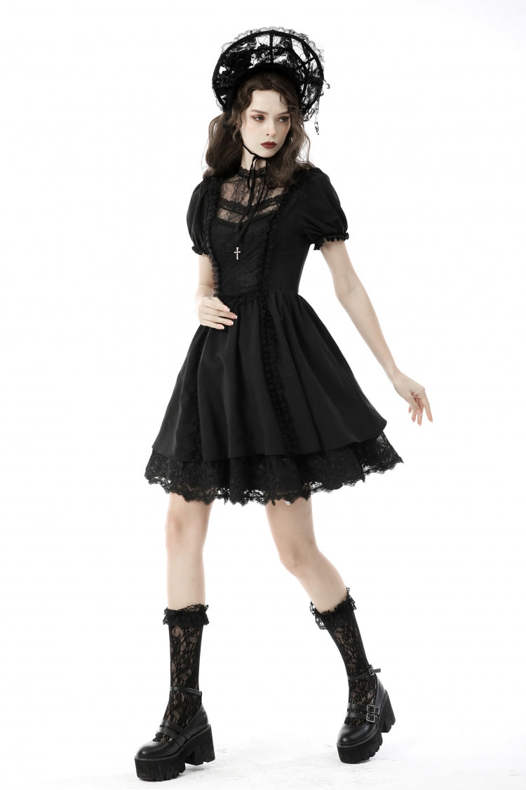 Black Tulle Lace Stand Collar Short Puff Sleeves Women's Lolita Gothic Doll Dress - Product - 11