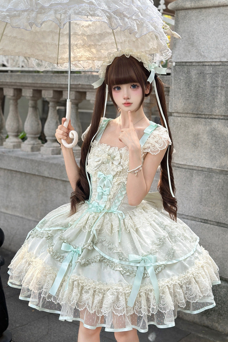 Light Green [Dreaming Butterfly] Multi-Layered Jacquard Ruffle Bowknot Lace Sweet Princess Lolita Jsk Dress - Product - 3