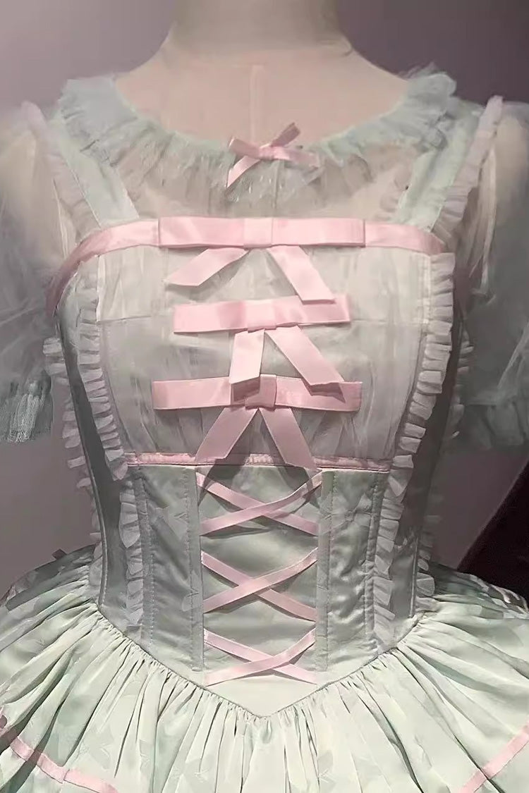 Green Triple-Layered Ruffle Bowknot Lace Fishbone Sweet Ballet Lolita Jsk Dress (Shirt Included) - Product - 2