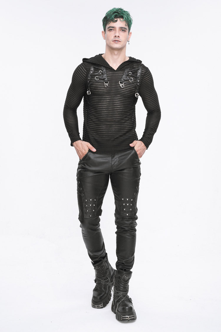 Black Striped Sheer Long Sleeve Men's Punk Sweatshirt Hooded - Product - 4