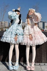 Blue [The Soloist Doll] Long Hime Sleeves Multi-Layered Print Ruffle Bowknot Asymmetric Sweet Lolita Dress - Product - 5