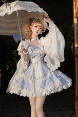 Blue [Letter Paper] Sleeveless Double-Layered Printed Ruffled Open-Front Bow Lace-Up Sweet Lolita Jsk Dress (Short Version) - Product - 2