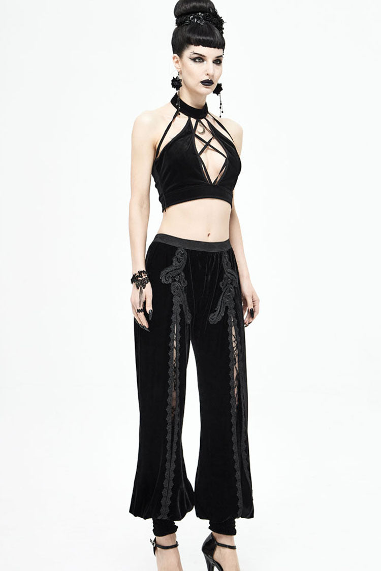 Black Gothic Front Decals Split Splice Mesh Velvet Women's Pants - Product - 10