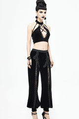 Black Gothic Front Decals Split Splice Mesh Velvet Women's Pants - Product - 10