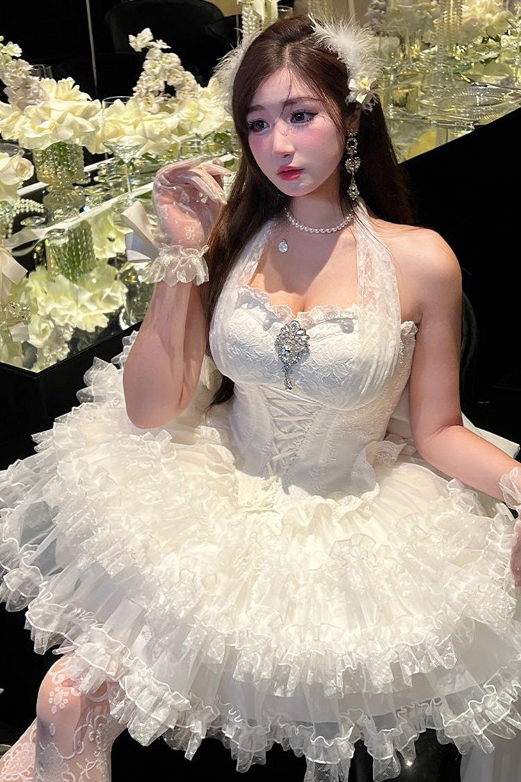 White [Dream] Halterneck Sleeveless Triple-Layered Ruffle Hanayome Lace Lace-Up Sweet Princess Lolita Dress - Product - 2