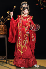 Red Chinese Style Hot Stamping Embroidery High Waisted Hanfu Dress Full Set - Product - 2
