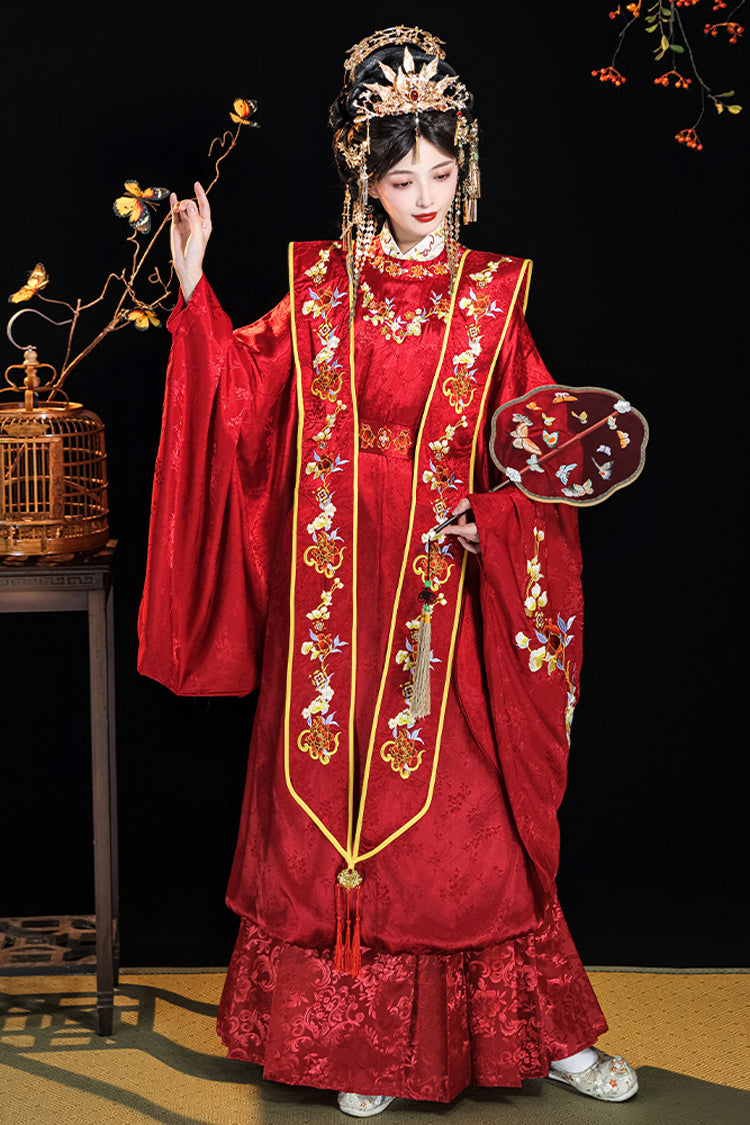 Red Chinese Style Hot Stamping Embroidery High Waisted Hanfu Dress Full Set - Product - 2