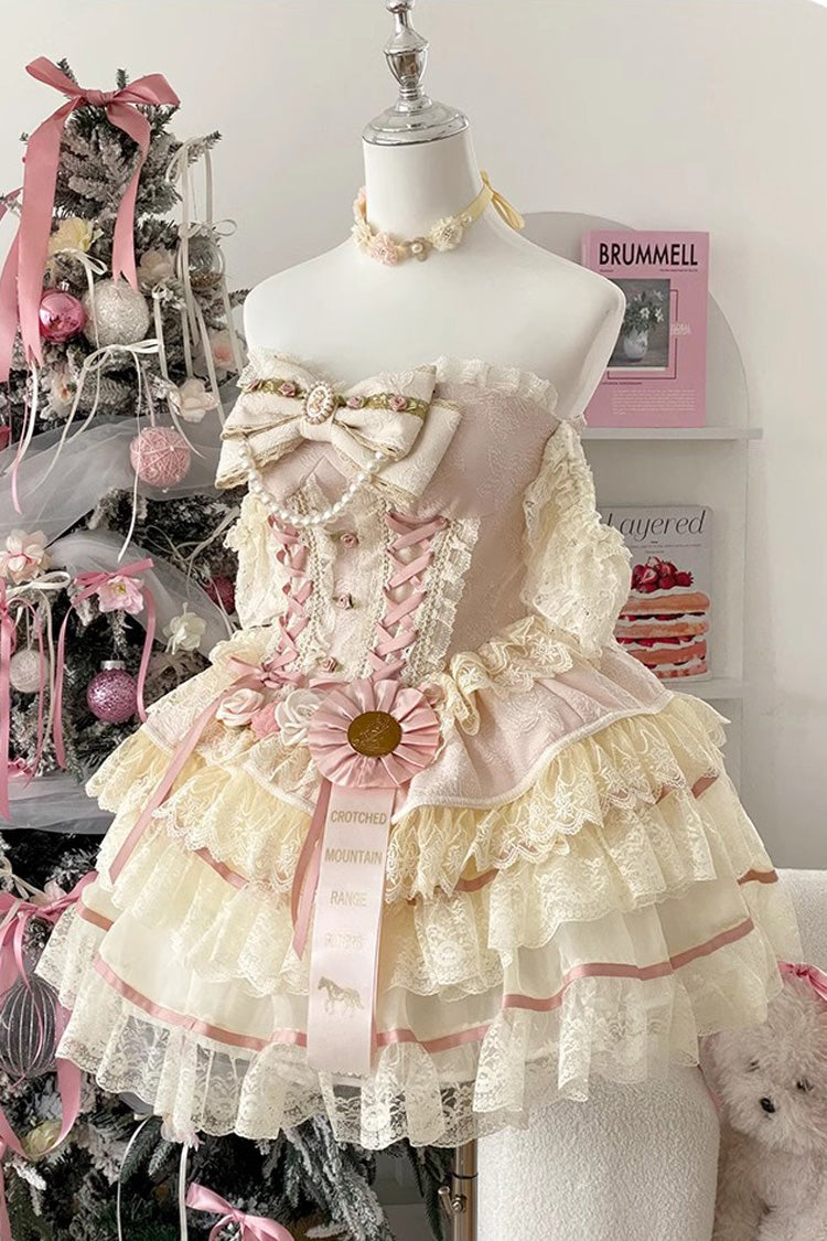 Yellow/Pink Sweet Tea Rose Dew Ruffle Bowknot Lace Sweet Lolita Skirt Dress - Yellow/Pink - 1