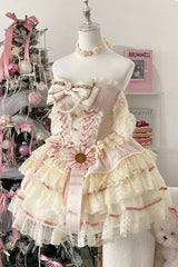 Yellow/Pink Sweet Tea Rose Dew Ruffle Bowknot Lace Sweet Lolita Skirt Dress - Yellow/Pink - 1