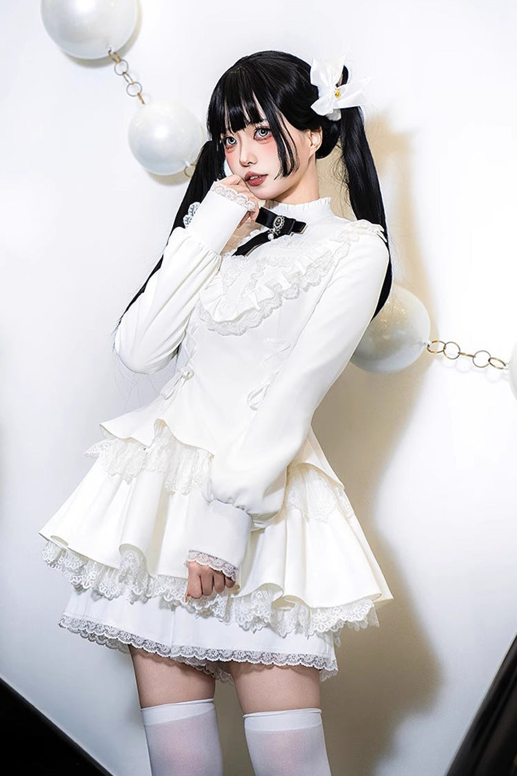 White Long Sleeves Ruffle Lace-Up Sweet Handsome Lolita Dress - White - 1