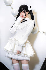 White Long Sleeves Ruffle Lace-Up Sweet Handsome Lolita Dress - White - 1