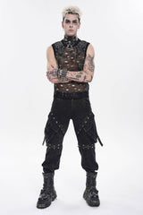 Black Spliced Detachable Studded Eyelet Men's Punk Cool Pants With Big Pockets - Black - 1