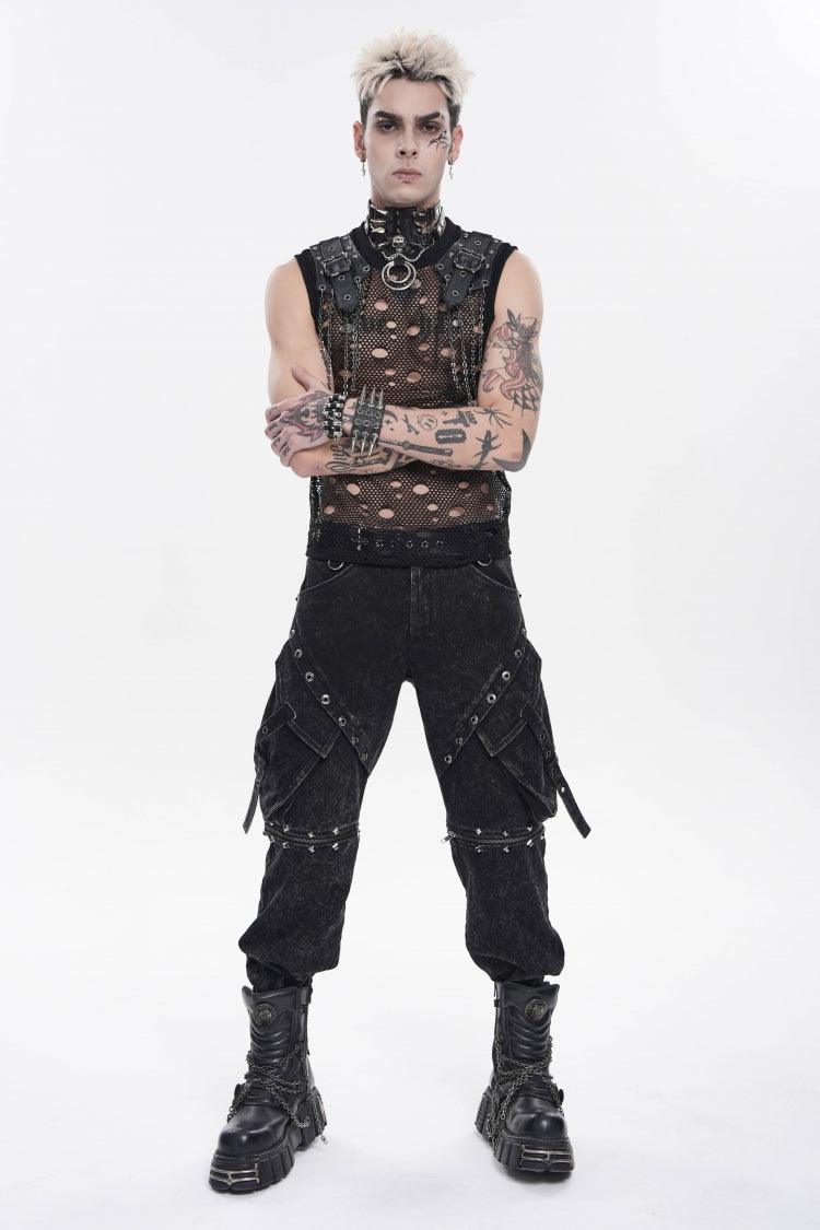 Black Spliced Detachable Studded Eyelet Men's Punk Cool Pants With Big Pockets - Black - 1