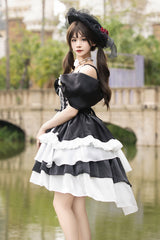 Black/White [Rose Of The Night Sea And Starry Sky] Off Shoulder Multi-Layered Ruffle Embroidery Sweet Lolita Dress - Product - 3