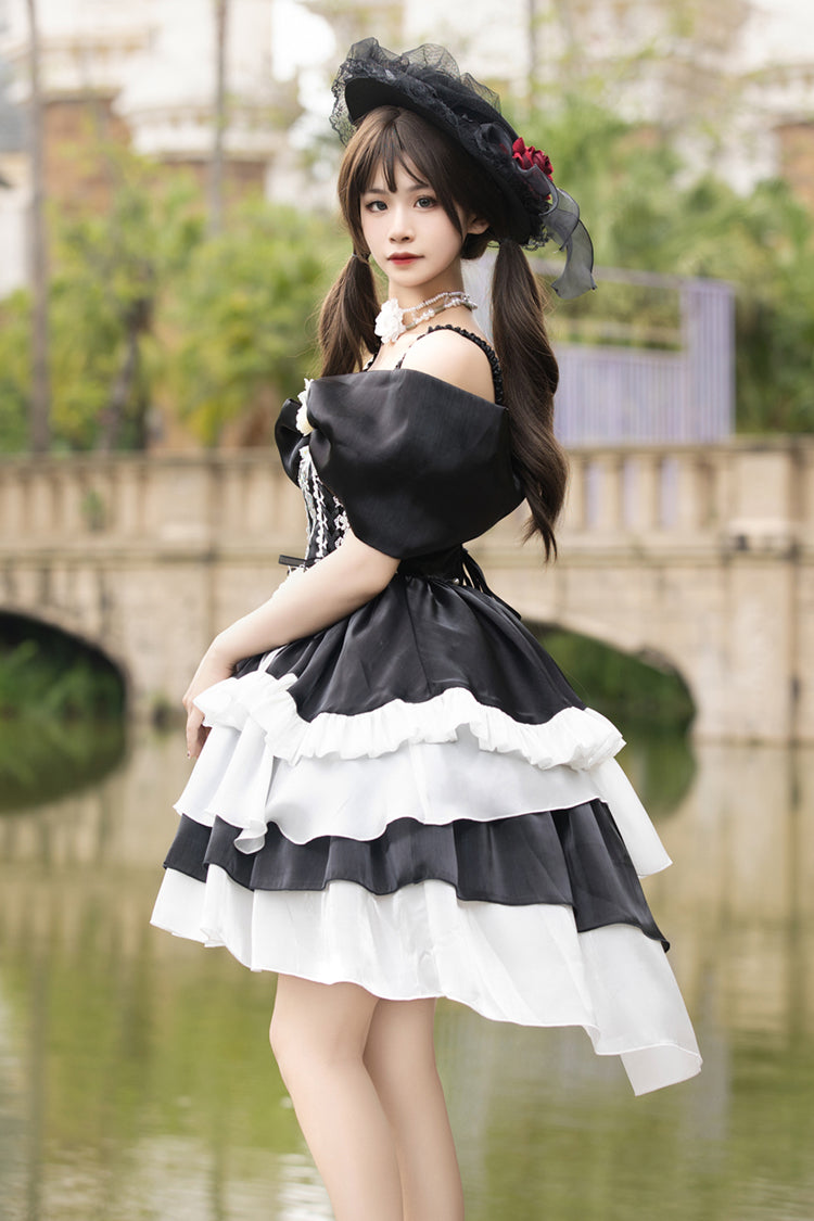 Black/White [Rose Of The Night Sea And Starry Sky] Off Shoulder Multi-Layered Ruffle Embroidery Sweet Lolita Dress - Product - 3