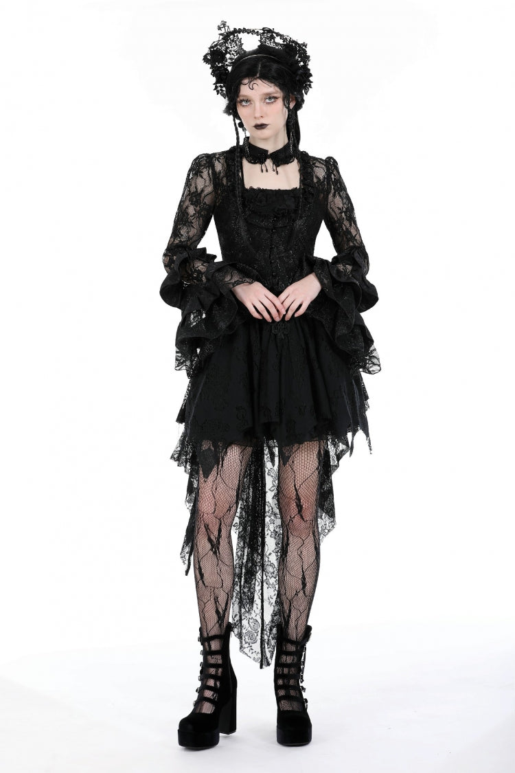 Black Multi-Layered Long Trumpet Sleeves Lace Lace-Up Women's Gothic Top - Product - 5