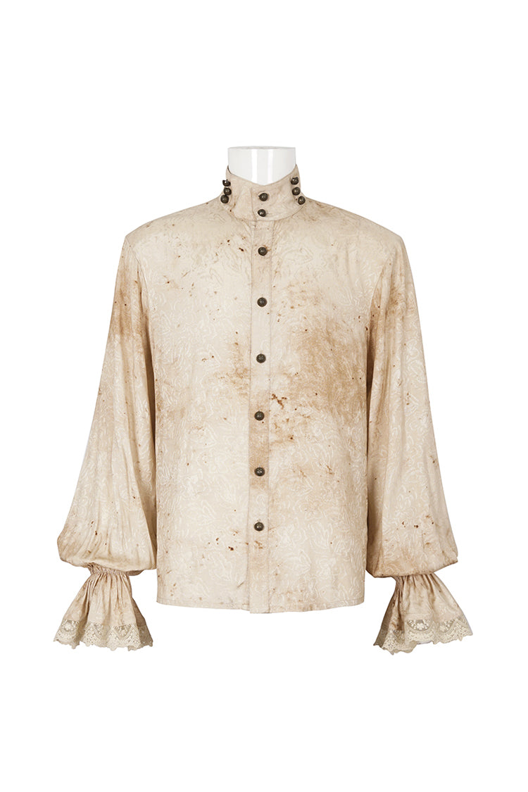 Apricot Stand Collar Puff Sleeved Men's Gothic Shirt With Necktie - Product - 8