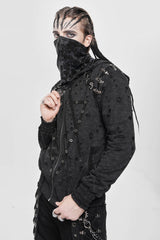 Black Long Sleeves Hexagram Print Hooded Ripped Pleated Men's Punk Coat - Product - 11