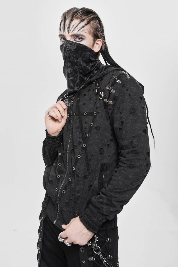 Black Long Sleeves Hexagram Print Hooded Ripped Pleated Men's Punk Coat - Product - 11