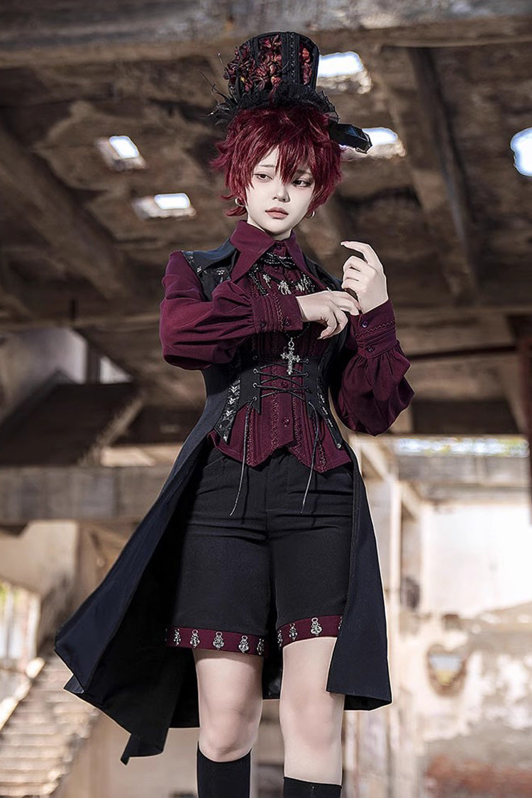 Red Lapel Collar Long Sleeves Embroidery Slim Gothic Vintage Prince Ouji Lolita Blouse - Product - 2