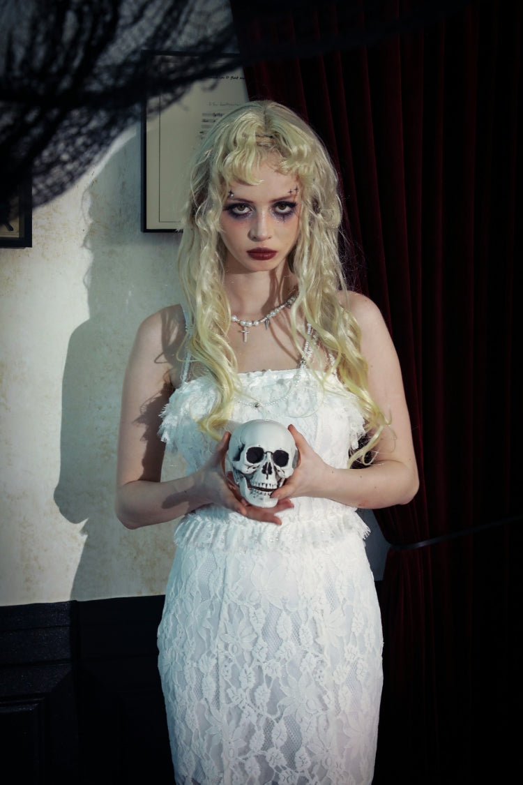White Sleeveless Pleated Lace Women's Gothic Slip Dress Wedding Dress - Product - 9