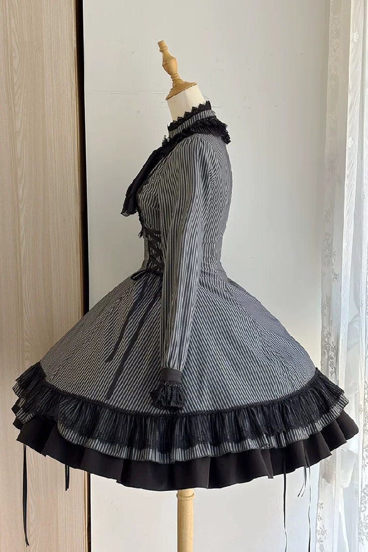 Black [Point Manor] Stand Collar Long Sleeves Multi-Layered Striped Printed Ruffled Lifted Hem Bow Gothic Lolita Dress - Product - 7