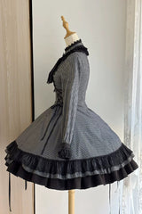 Black [Point Manor] Stand Collar Long Sleeves Multi-Layered Striped Printed Ruffled Lifted Hem Bow Gothic Lolita Dress - Product - 7
