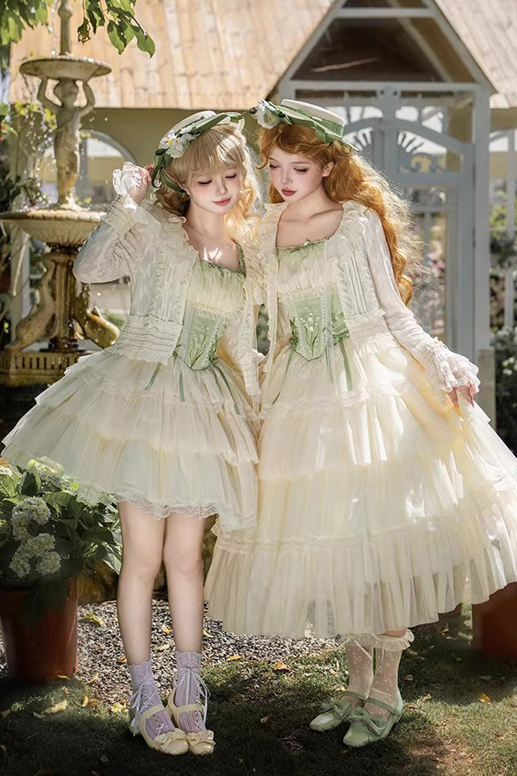 Green [Letters & Poems · Whisper of Lily of the Valley] Square Collar Multi-Layered Ruffled Embroidered Fishbone Sweet Lolita Jsk Dress 2 Versions - Product - 9