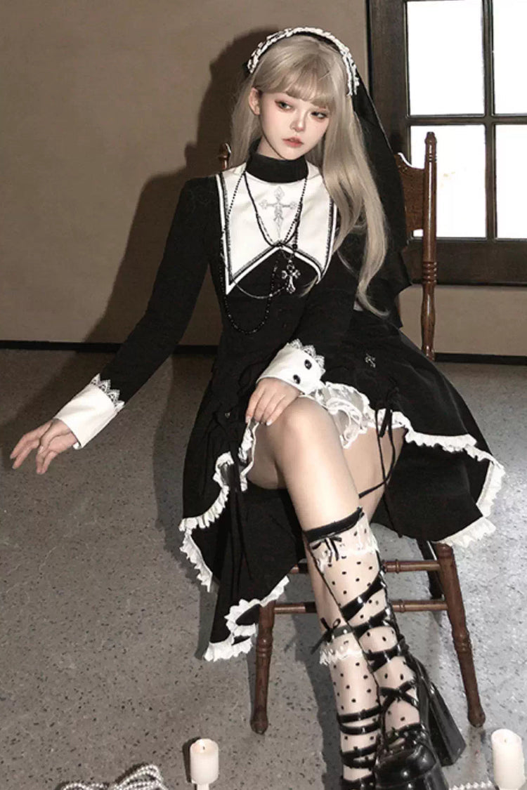 Black/White [Peace Prayer] Long Sleeves Ruffle Bowknot Asymmetric Gothic Lolita Skirt Set - Product - 6