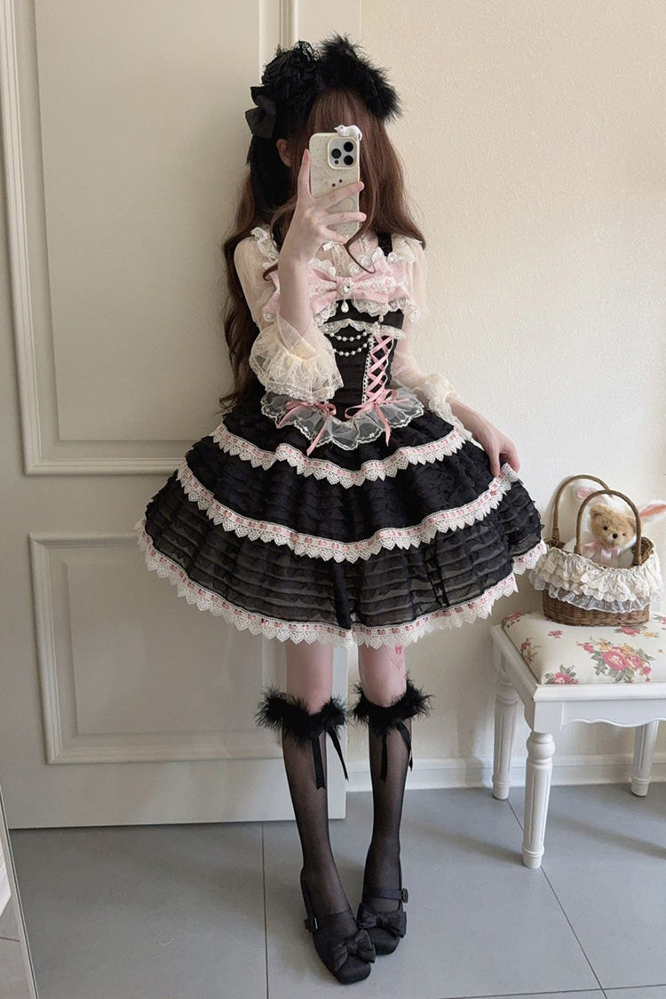 Black [Song of Floral Letters] Sleeveless Triple-Layered Bowknot Lace-Up Sweet Lolita Jsk Dress - Product - 2