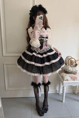 Black [Song of Floral Letters] Sleeveless Triple-Layered Bowknot Lace-Up Sweet Lolita Jsk Dress - Product - 2