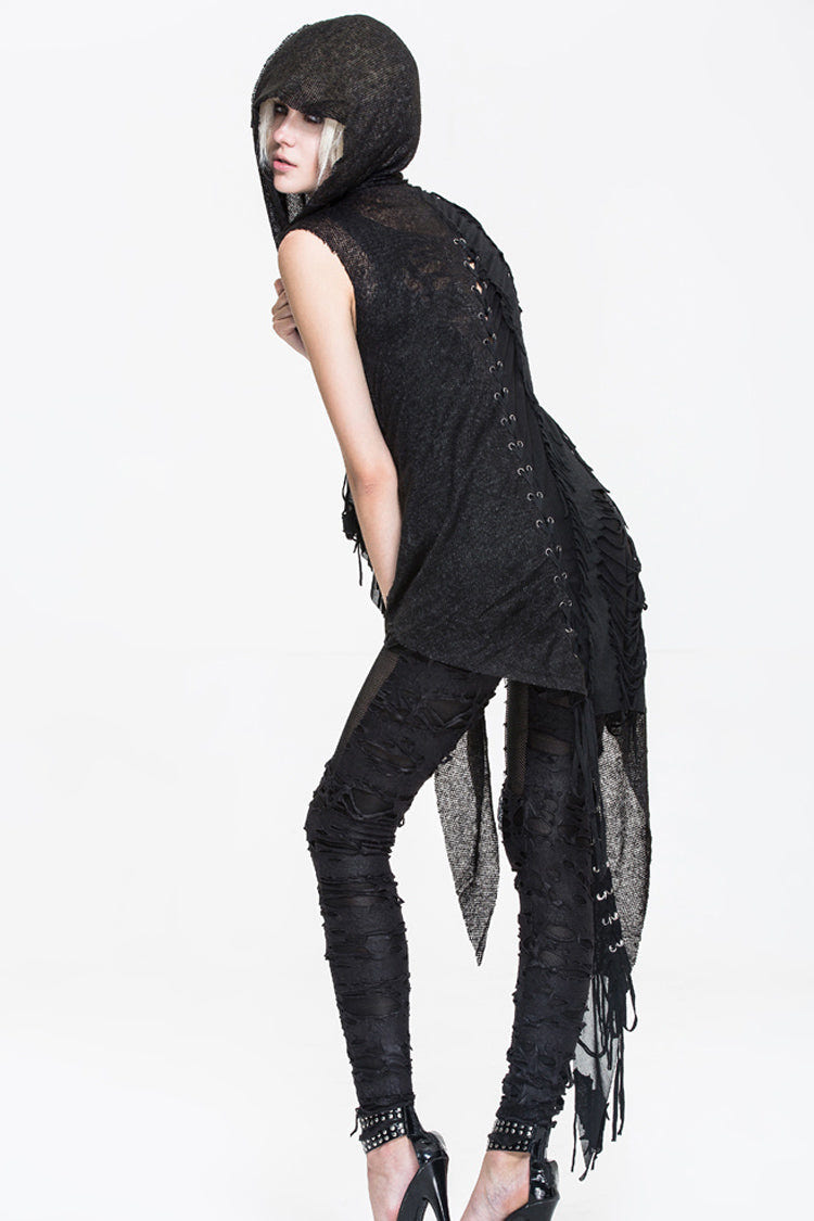 Black Asymmetrical Hole Wool Knit Women's Punk Hooded Shawl - Product - 5